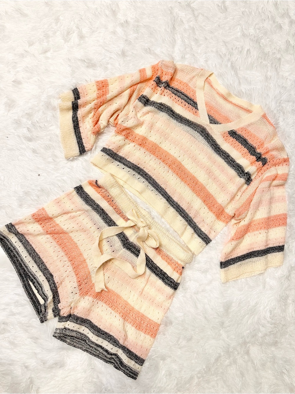 NWOT Striped Knit Two-Piece Set in Peach, Cream & Charcoal